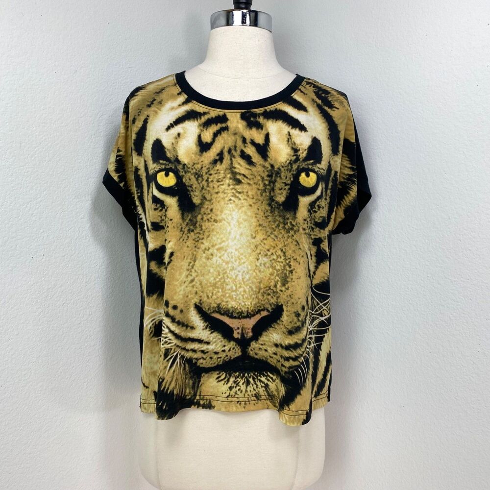 Forever 21 Gold Tiger Face Black Knit Tee Shirt Small Short Sleeves Art To Wear